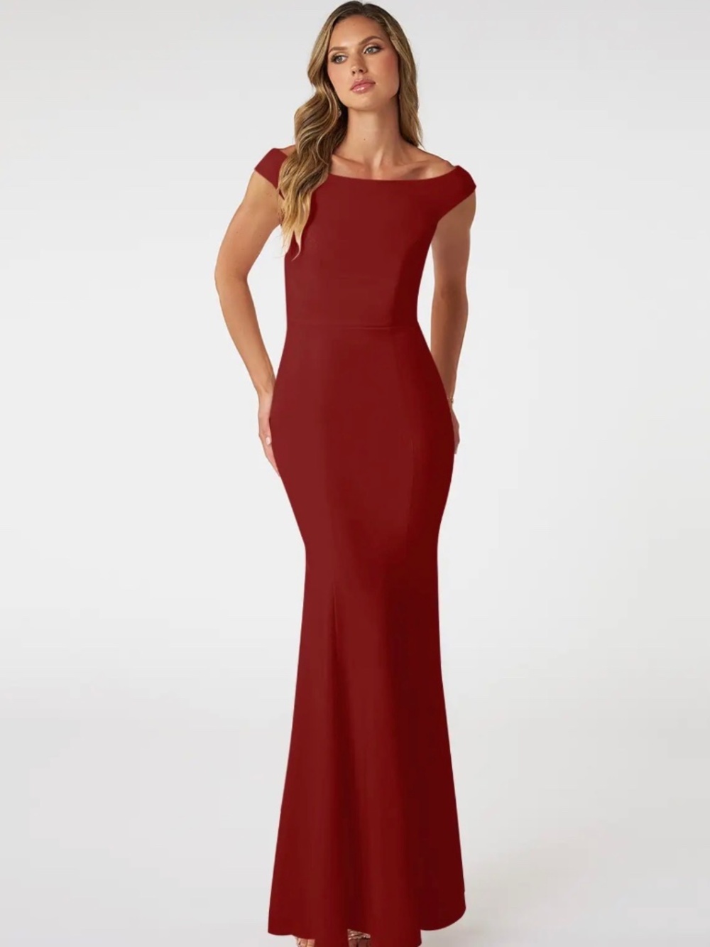 NWT Azazie Nicolina Stretch Terracotta Mermaid Boatneck Stretch Crepe Dress